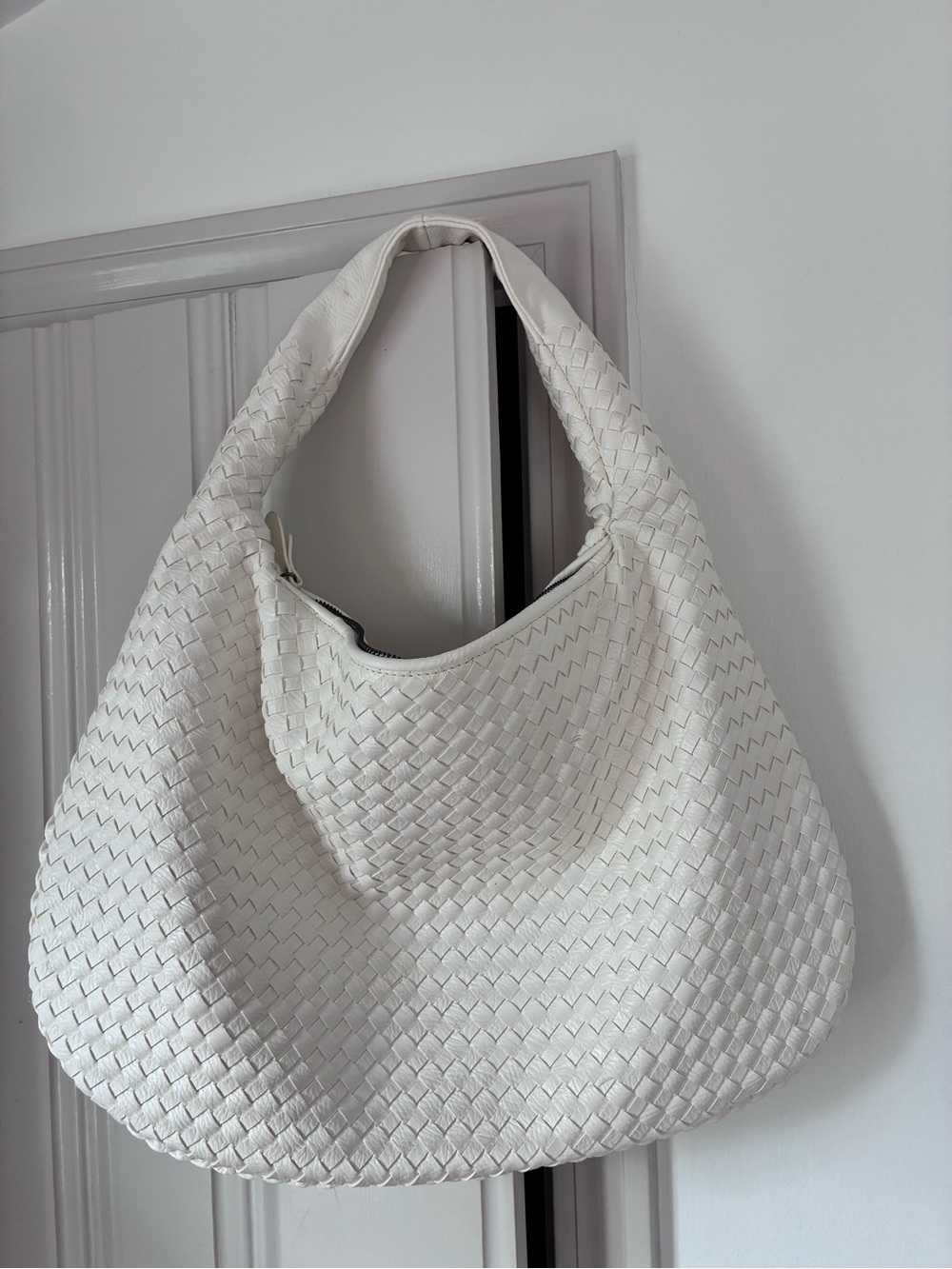 Ivory Woven Hobo Shoulder Bag Oversized Slouchy Boutique Vegan Leather